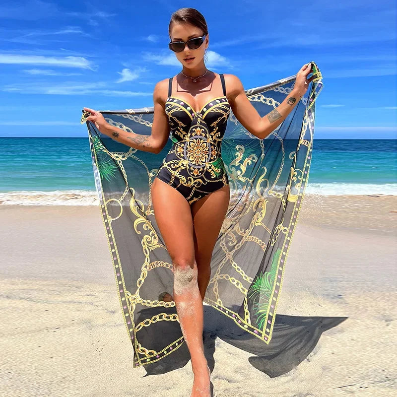 2023 Print Push Up One Piece Swimsuit With Beach Skirt V Neck Swimwear Women Beachwear Bathing Suit Vintage Monokini Summer