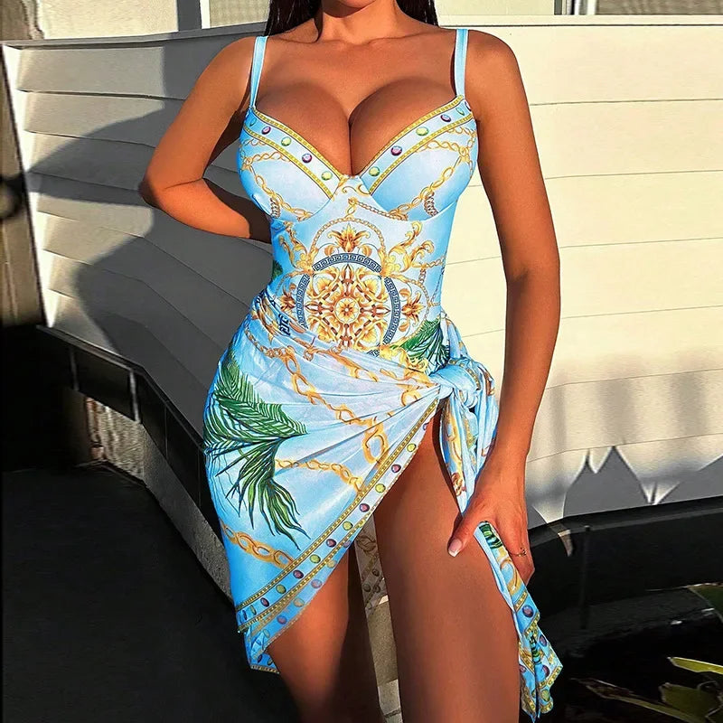 2023 Print Push Up One Piece Swimsuit With Beach Skirt V Neck Swimwear Women Beachwear Bathing Suit Vintage Monokini Summer