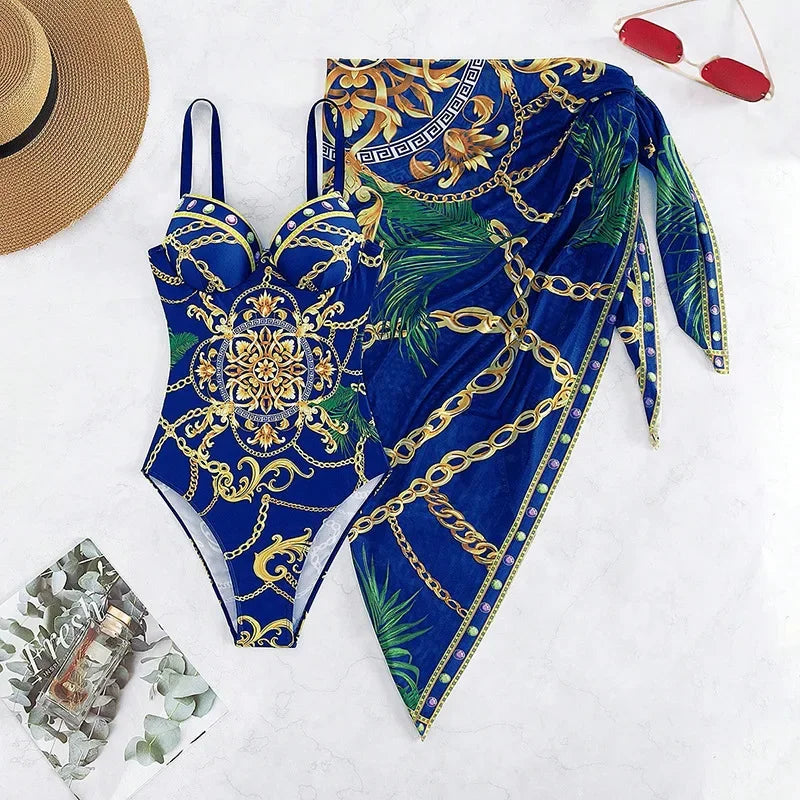 2023 Print Push Up One Piece Swimsuit With Beach Skirt V Neck Swimwear Women Beachwear Bathing Suit Vintage Monokini Summer