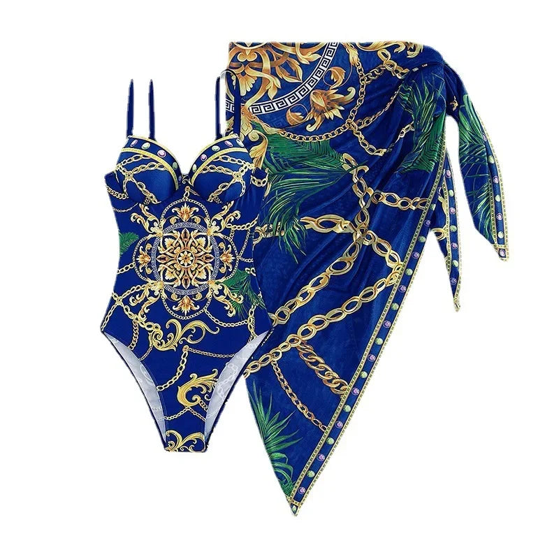 2023 Print Push Up One Piece Swimsuit With Beach Skirt V Neck Swimwear Women Beachwear Bathing Suit Vintage Monokini Summer