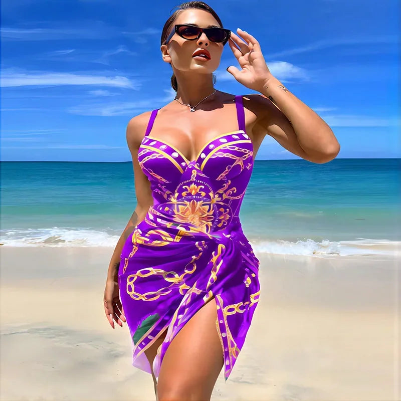 2023 Print Push Up One Piece Swimsuit With Beach Skirt V Neck Swimwear Women Beachwear Bathing Suit Vintage Monokini Summer