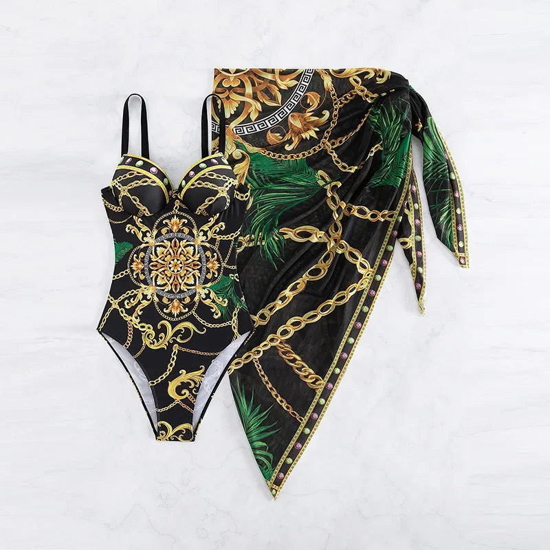 2023 Print Push Up One Piece Swimsuit With Beach Skirt V Neck Swimwear Women Beachwear Bathing Suit Vintage Monokini Summer