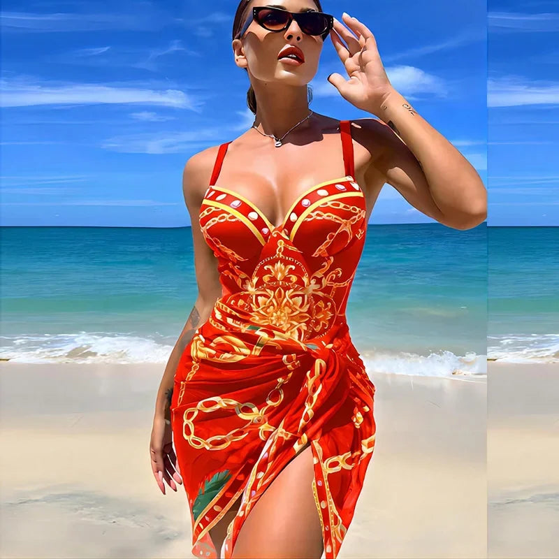 2023 Print Push Up One Piece Swimsuit With Beach Skirt V Neck Swimwear Women Beachwear Bathing Suit Vintage Monokini Summer
