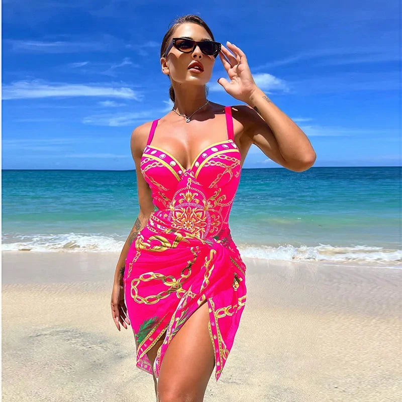 2023 Print Push Up One Piece Swimsuit With Beach Skirt V Neck Swimwear Women Beachwear Bathing Suit Vintage Monokini Summer