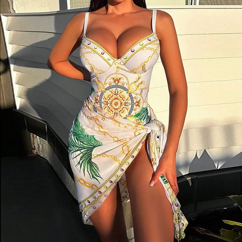 2023 Print Push Up One Piece Swimsuit With Beach Skirt V Neck Swimwear Women Beachwear Bathing Suit Vintage Monokini Summer